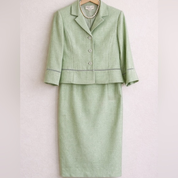 Henry Lee Petites Dresses & Skirts - Vintage Skirt Suit Set Green 2 Piece Pencil Preppy Jacket 90s 8P